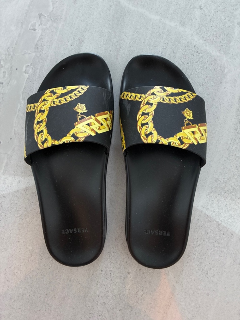 Versace Black Slides with Gold Chain Print in excellent condition